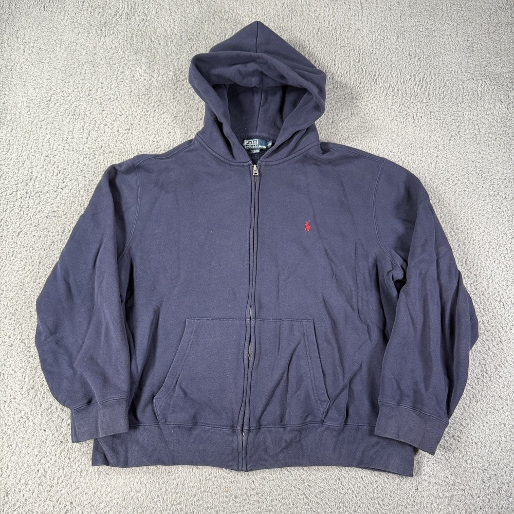 Vintage Polo Ralph Lauren Hoodie Mens 2XL Navy Blue Full Zip Sweatshirt Red Pony